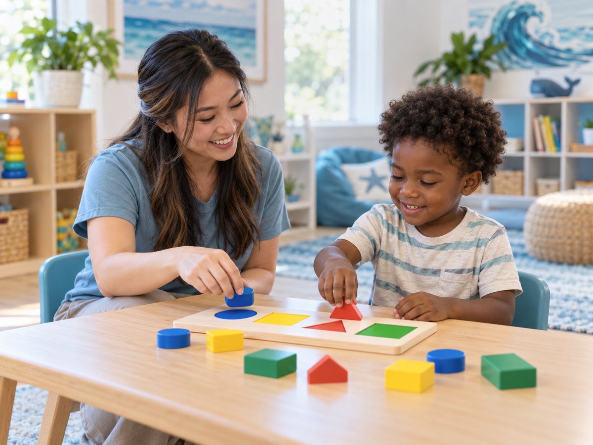 An Asian behavior technician and a preschool-aged Black child working together on a shape-matching activity