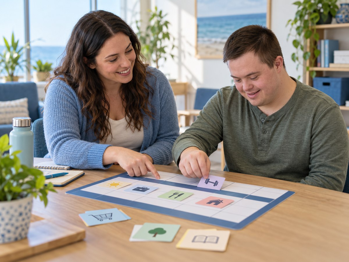 An RBT and an adult working together on an everyday activity schedule