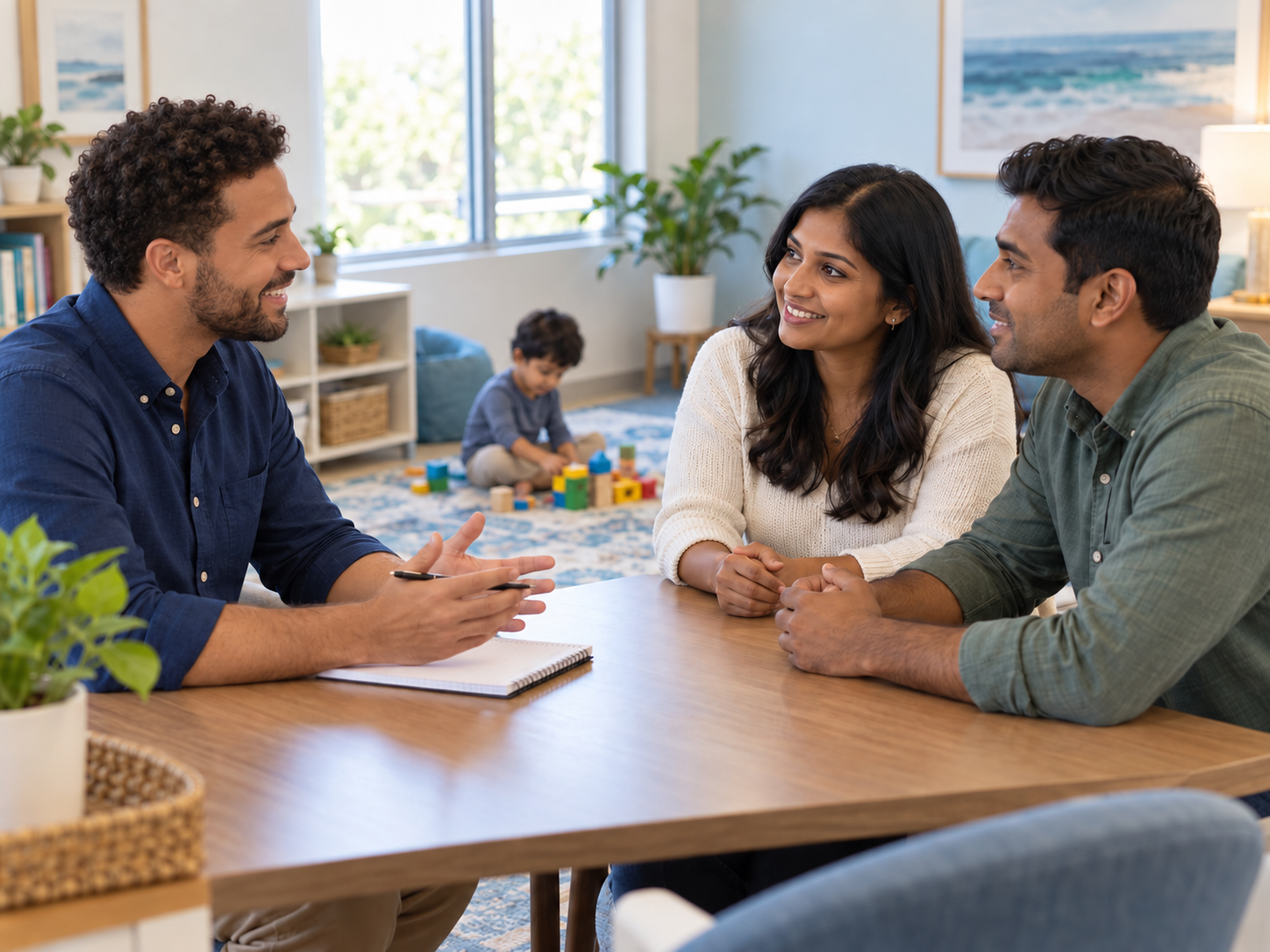 A biracial Black and white male BCBA meeting with an Indian couple while their child plays with blocks in the background